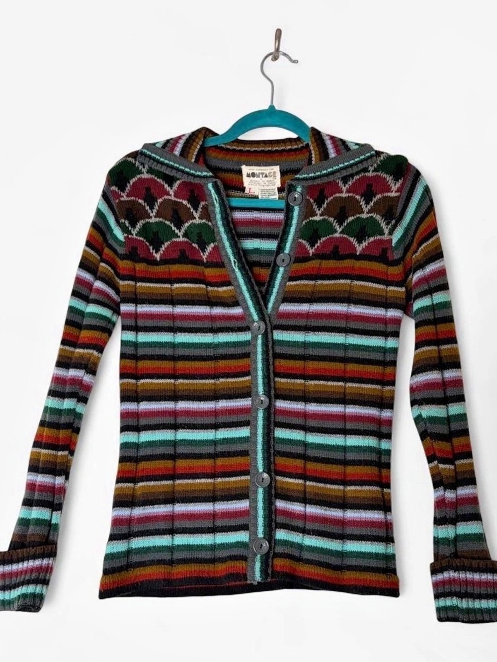 Vintage 70s Montage Striped Rib Knit Collared Cardigan Sweater Boho
